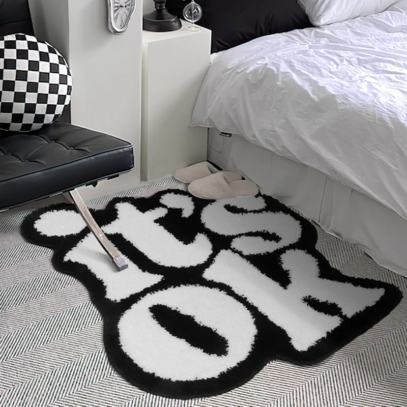 Nordic Letters Rug Tufting Fluffy Bedroom Mat Area Carpet Black White Floor Tidy Pad Bathmat Doormat Home Room Decor 70x80cm