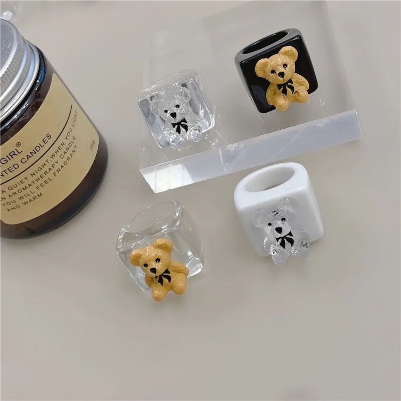 Funny Cute Bear Cartoon Animal Transparent Geometric Square Resin Acrylic Ring For Women Travel Party Vintage Jewelry Korean INS