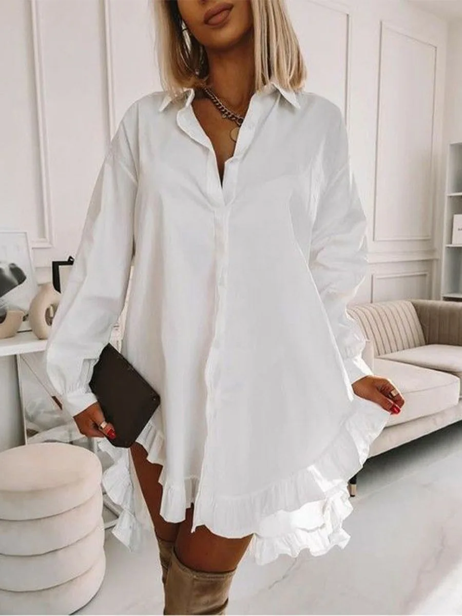 Herbst Weiß Frauen Mini Shirts Kleid Täglich 2025, Frühling Sommer Falbala Revers Langarm Casual Vintage Bluse Lose Y2K Kleidung