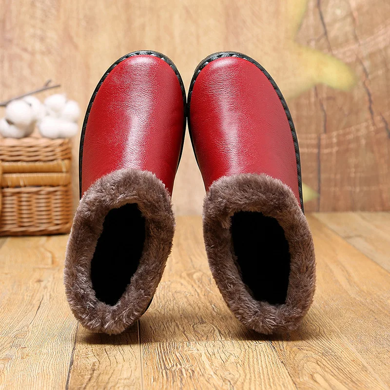 Winter Warm Shoes For Woman Red Short Boot With Fur Womens Leather Ankle Boots Waterproof Snow Boots Waterproof Ladies Boots