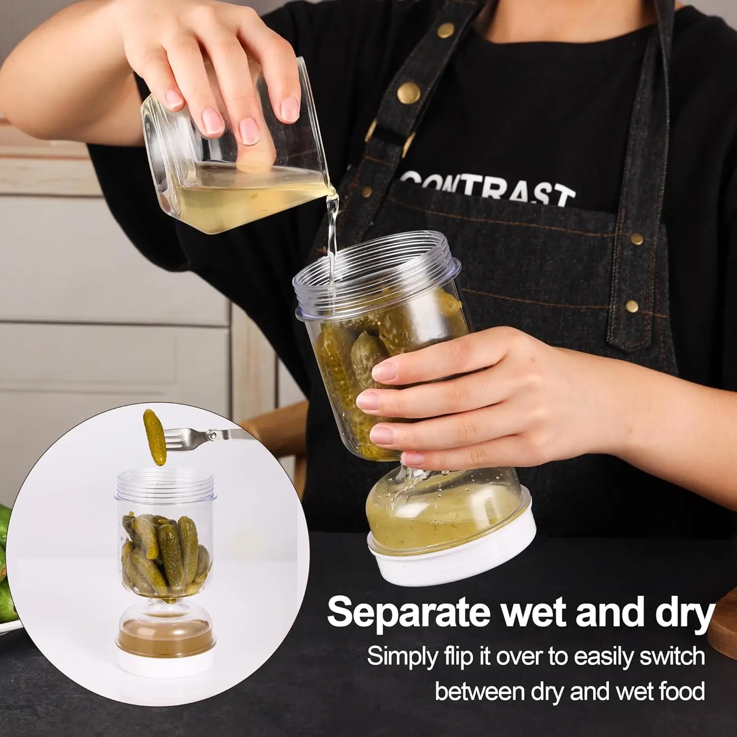 Pickle Jar with Fork Dry and Wet Dispenser Pickle Olives Hourglass Jar Leakproof Bottle for Kitchen Foods Storage Separator Tool