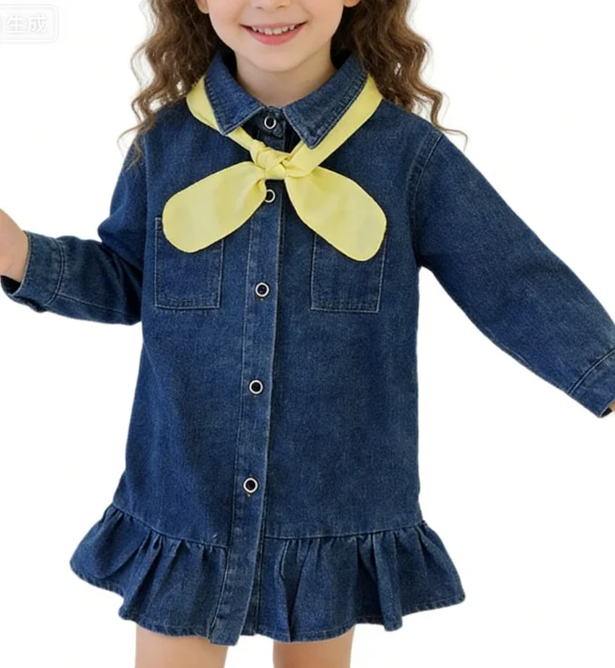 Girls Denim Skirt Spring and Autumn Korean Version Long Sleeved Western-style Versatile Lotus Leaf Skirt Temperament Daily Wear