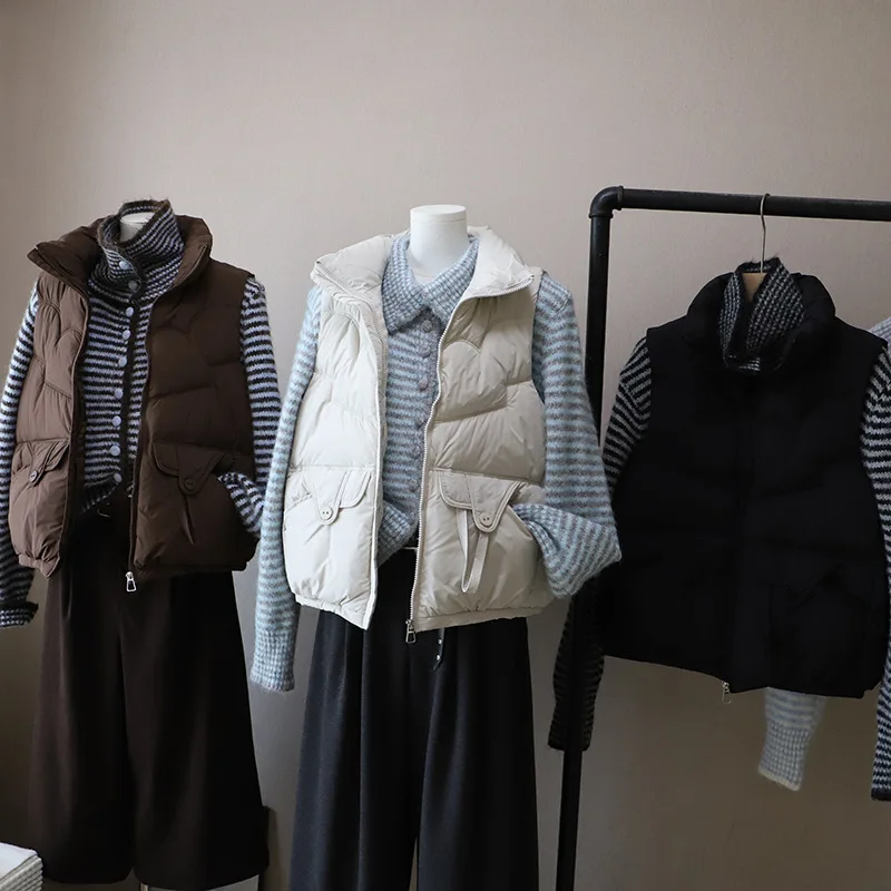 

Autumn Winter Women's Cotton Vest Fashion Double Pocket Stand Collor Loose Versatile Vest Jacket Female Outwear Trendy
