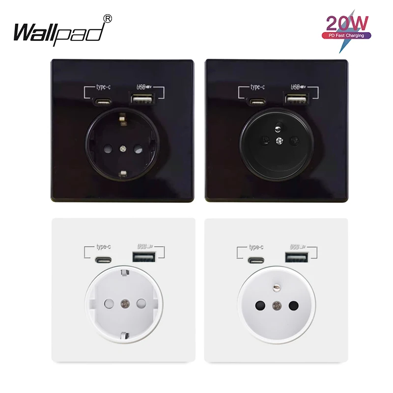 20W PD Wall Socket EU French Type-C USB Fast Charging Ports 16A Power Outlets Electric Sockets Fireproof Plastic PC Panel