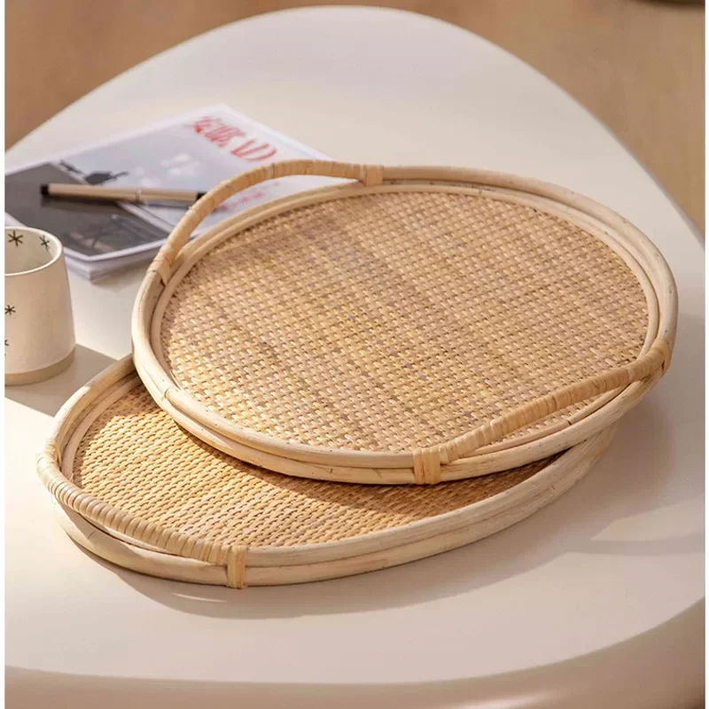 Nordic Tray For Decoration Rattan Coffee Table Storage Tray Aromatherapy Cosmetics Storage Basket Double Side Handles Tea Tray