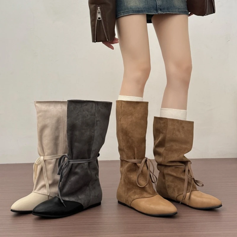 Vintage Women Suede Patchwork Mid Calf Boots Retro Drawstring Tie Ladies Daily Casual Internal Elevation Western Cowboy Bootes