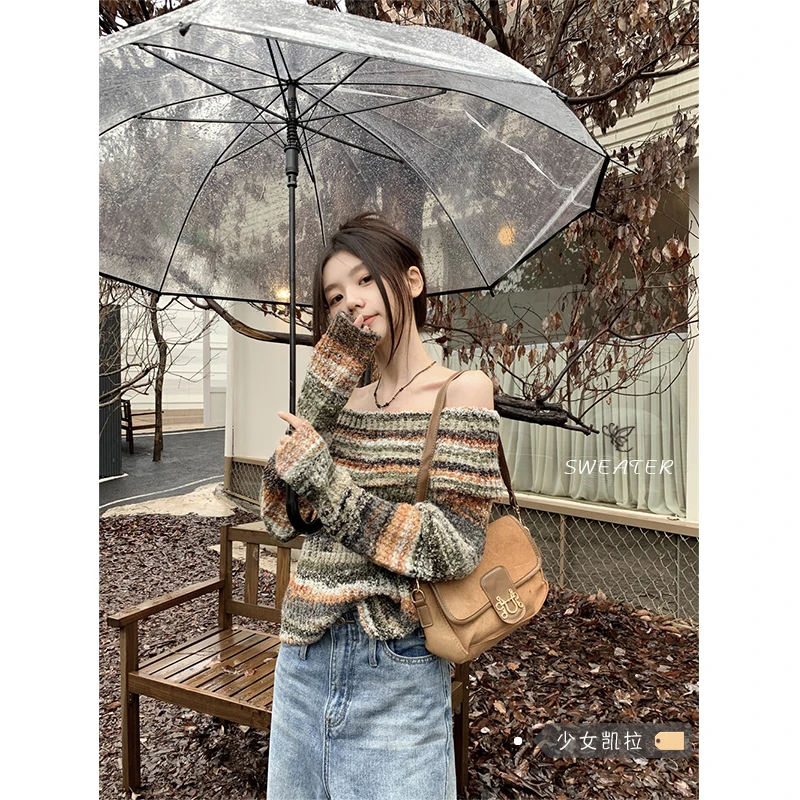 

High-quality Luxury Brand Retro Chic One-shoulder Sweater Women's French Sweater Off-shoulder Top Spring Spicy Girl Y2k Clothes