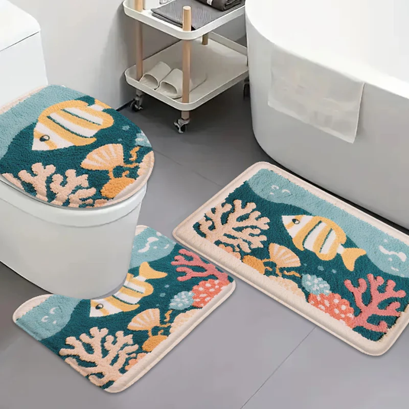 3 Stück Strand Kokosnussbaum Meerblick Badezimmer Fußmatte U-förmige saugfähige Bodenmatte Badezimmer Anti-Rutsch-Matte Flanell Teppich Toilettenmatte