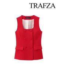 TRAFZA Women Fashion Vest Tops Red Square Neck Sleeveless Pockets Buttons Double Breasted Female Summer Casual Waistcoat Top