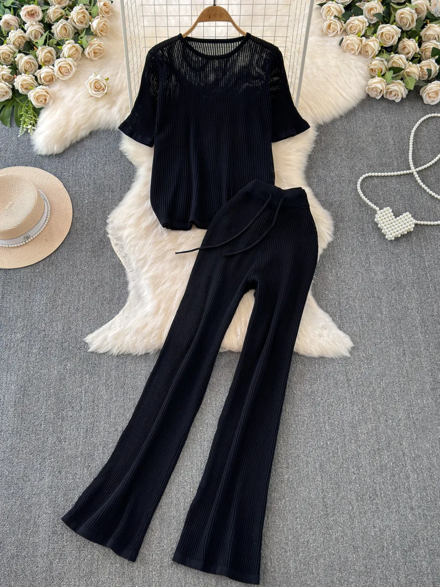 2024 Casual Set Summer New Round Neck Hollow Out Knitted Pullover Top+High Waist Wide Leg Pants Two Piece Set For Women Outfits