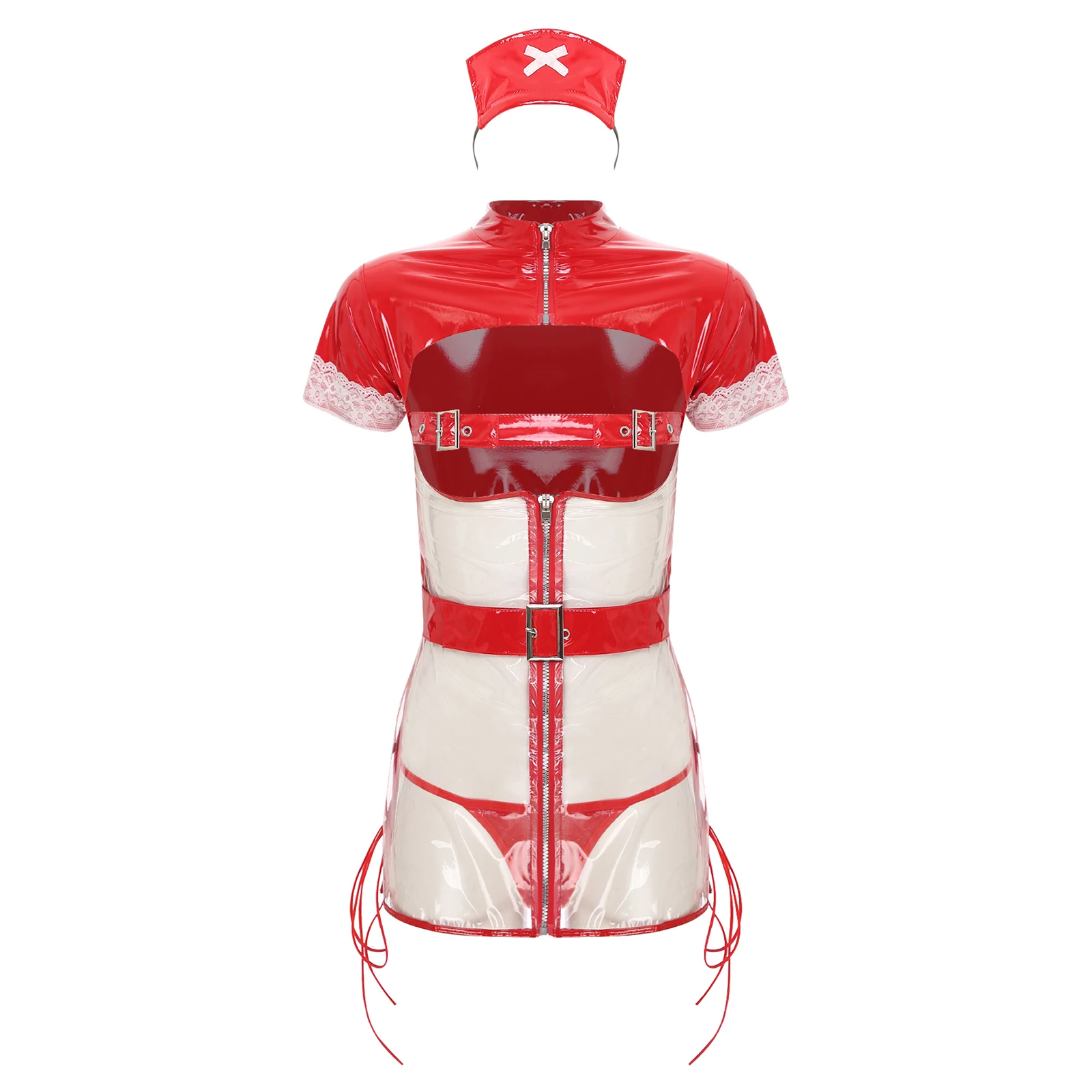 

Nurse Cosplay Costume PU Leather Transparent Dress Women Sexy Lingerie Hollow Chest Maid Outfits Sexy Party Club Costume