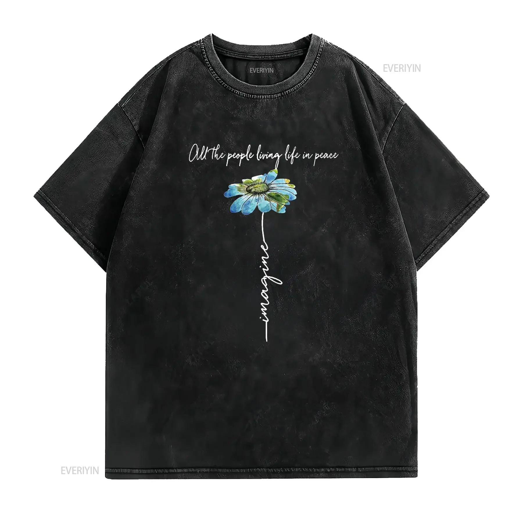 All The People Imagine Living Life In Peace Daisy Flower T Shirt Black 2X Large vintage Washed Casual Stylish Versatile