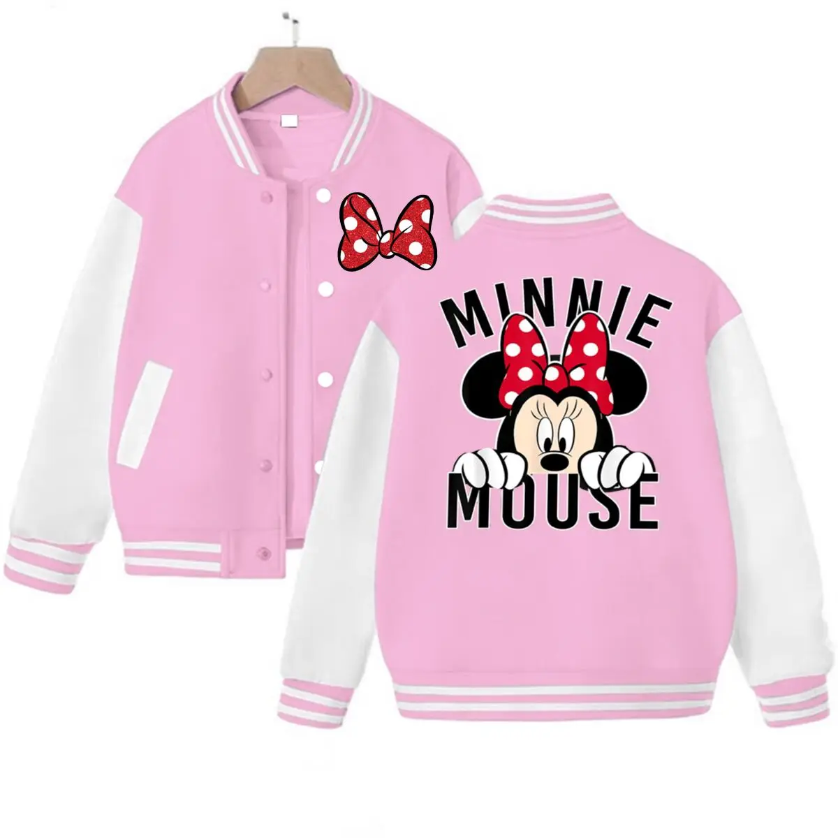 

Family Matching Minnie Mouse Baseball Jacket Fashion Casual Streetwear for Kids Adults Minnie Mouse Bow Baseball Bomber Jacket