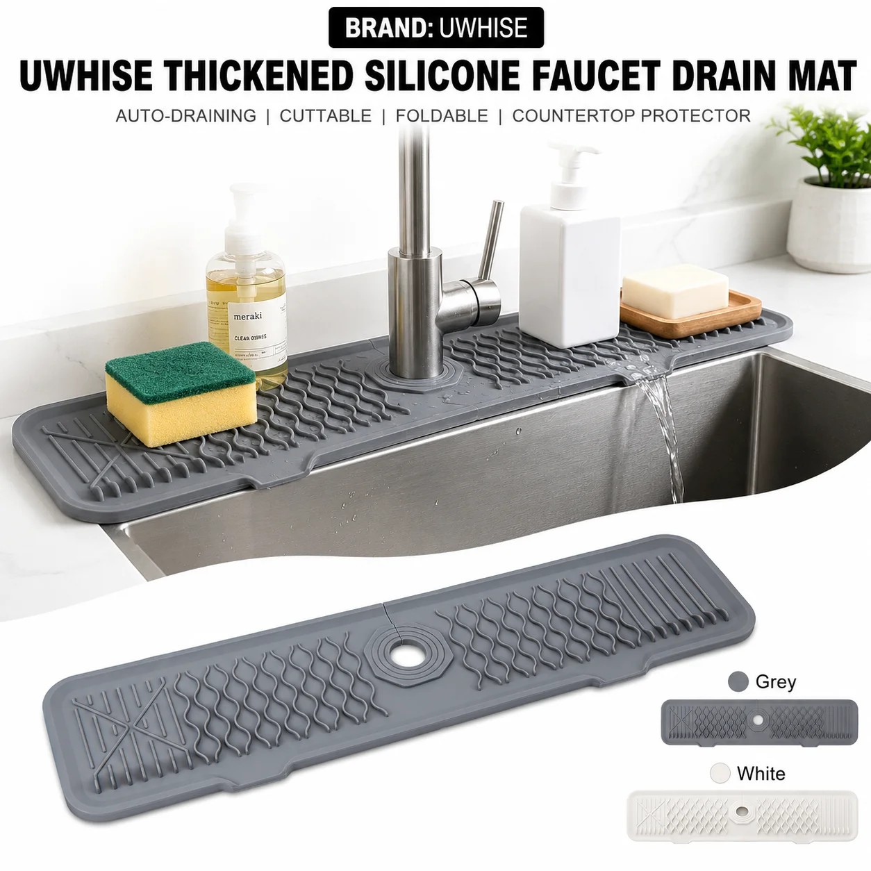 Uwhise Thickened Silicone Faucet Mat Sloped Sink Splash Guard Cuttable Handle Drip Catcher Tray Countertop Protector