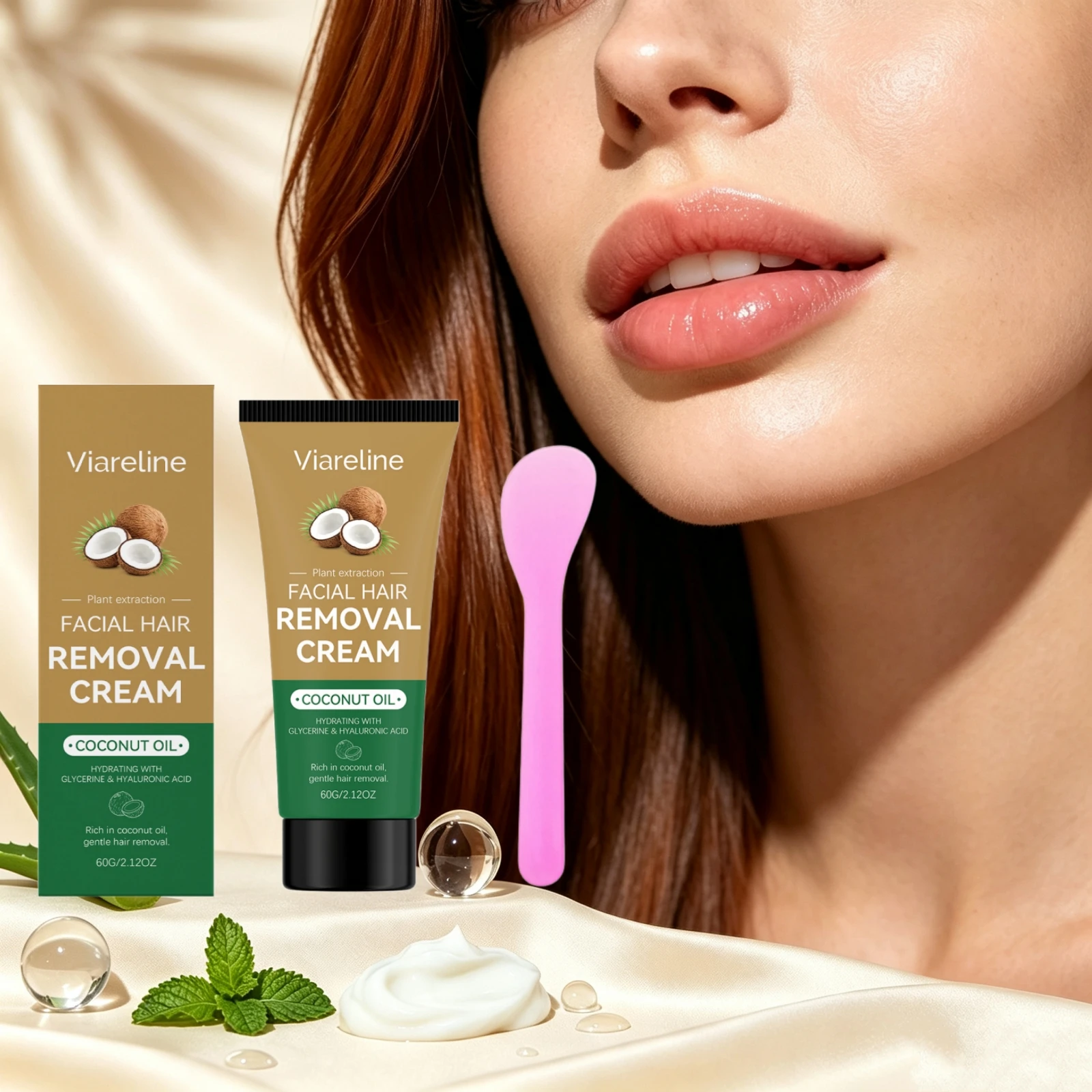 Coconut Oil Facial Hair Removal Cream Hyaluronic Acid Hydrating Gentle Plant Extract Soft Use Silky Smooth Skin Depilatory Cream
