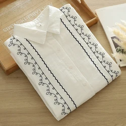 Retro Embroidery Cotton Yarn Long Sleeve Shirt Blouse for Women Tops Autumn Elegant Women's White Clothes
