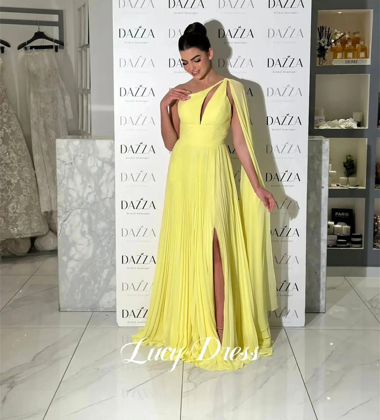 

Lucy Shawl Graduation Gown One Shoulder Sleeve Chiffon Evening Dress Bridesmaid Eid Prom Dresses Sale Ball Gowns Sharon Said