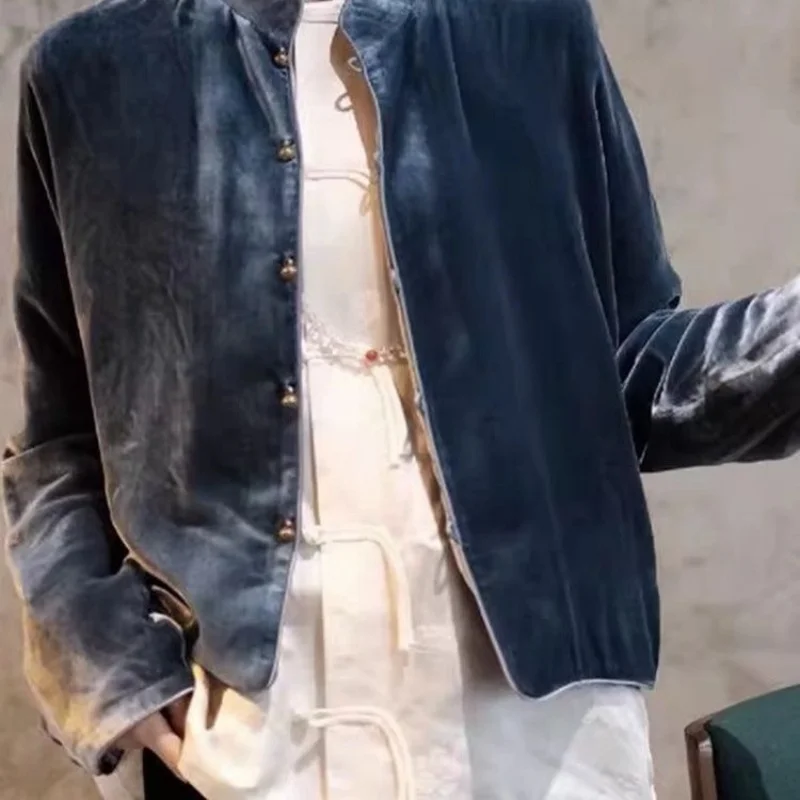 

2025 New Autumn Frog Button Navy Blue Velvet Coat Jacket Women Chinese Style Thick Warm Female Cashmere Short Coat