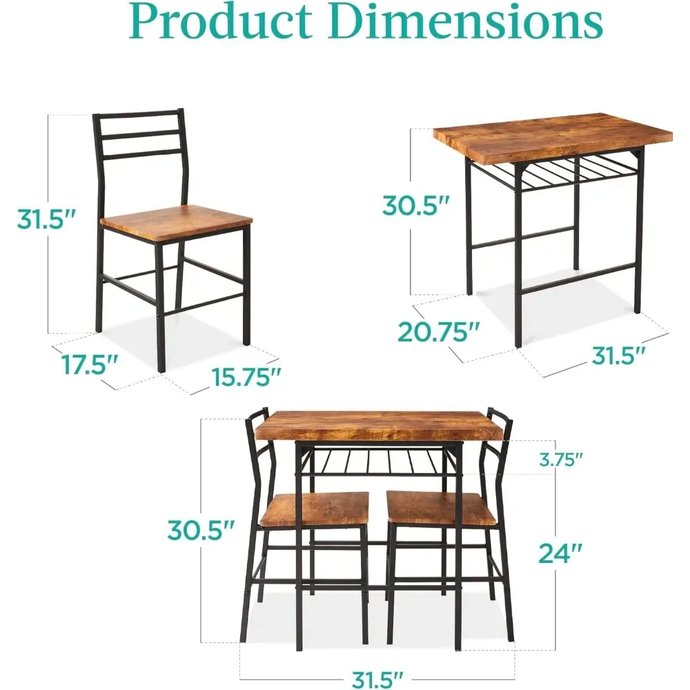 

3-Piece Modern Dining Set, Space Saving Dinette for Kitchen, Dining Room, Small Space w/Steel Frame, Built-in Storage Rack - Me