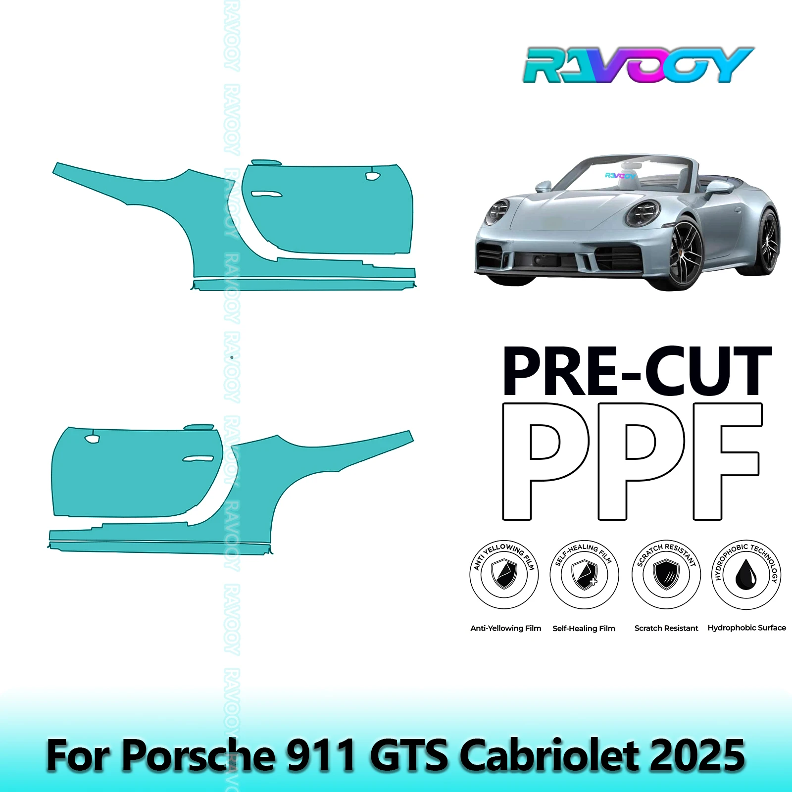

For Porsche 911 GTS Cabriolet 2025 8.5mil Clear Matte Pre-Cut PPF Door & A/B Pillar Kit TPU Paint Protection Film Set