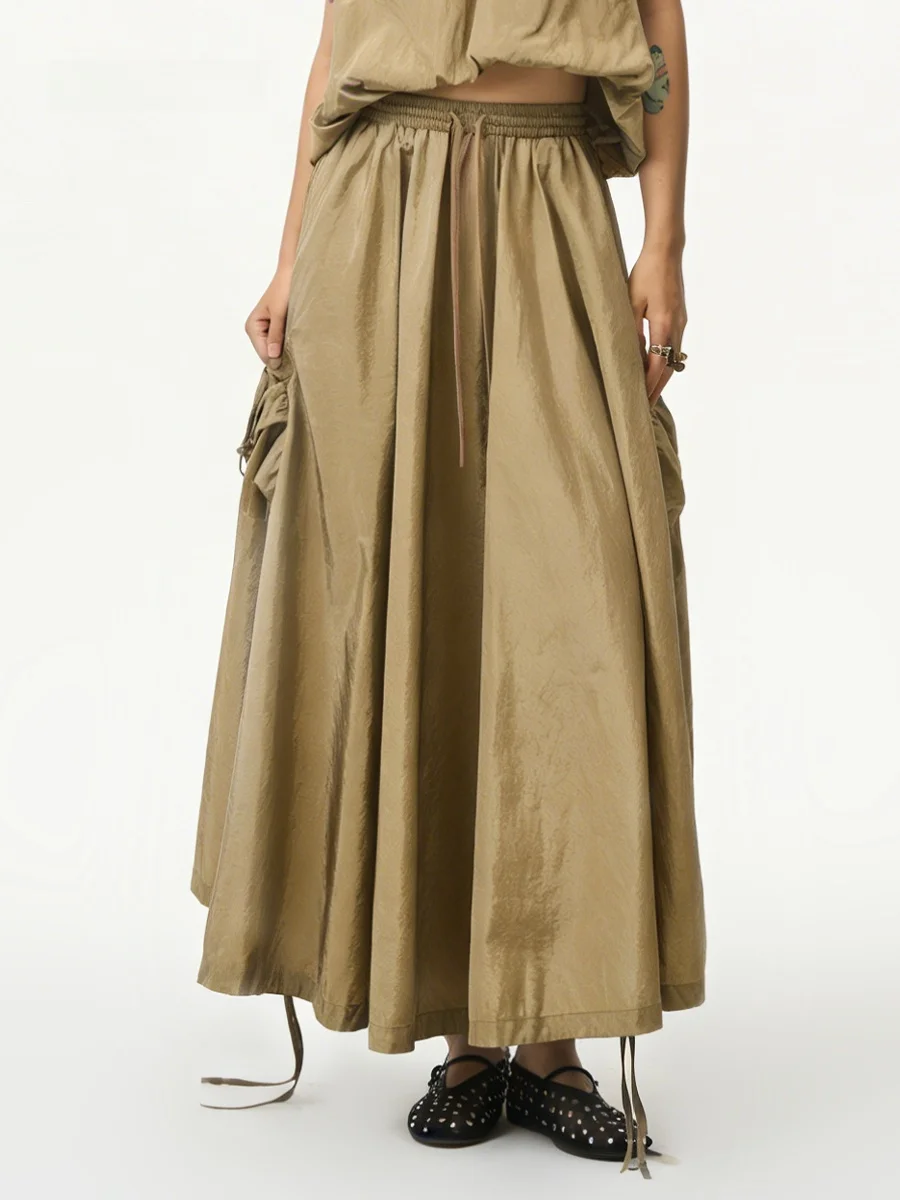 

AWOKENTIME02 Women's A-Line Pleated Workwear Skirt with Drawstring Elastic Waist Spring Summer New Style Nylon Fabric