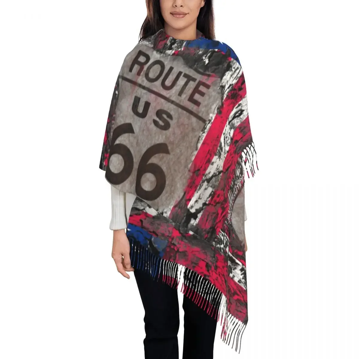 Vintage USA Flag Tassel Scarf Women Soft US Route 66 Shawl Wrap Lady Winter Fall Scarves