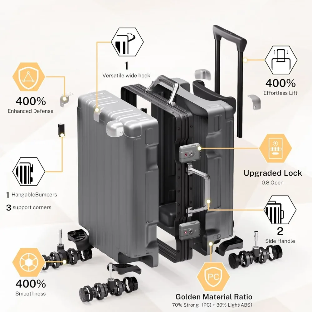 Koper Spinner Rangka Aluminium 24 Inci dengan Cangkang Keras PC+ABS Ringan dan Desain Tanpa Ritsleting untuk Bagasi Kabin