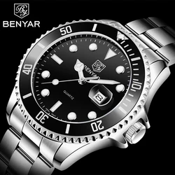 Benyar For Men Watch Perpetual Submariner Classic orologio da polso al quarzo data luminoso acciaio inossidabile impermeabile sport Reloj Hombre