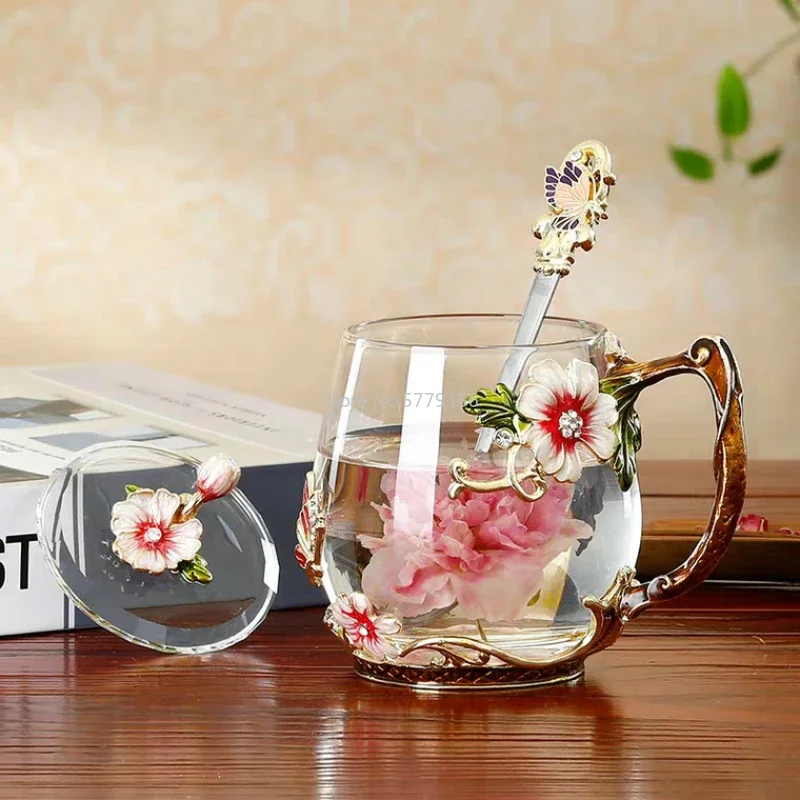 Tasse à café en émail, beauté et nouveauté, tasses à thé à fleurs en verre pour boissons chaudes et froides, ensemble de cuillèr