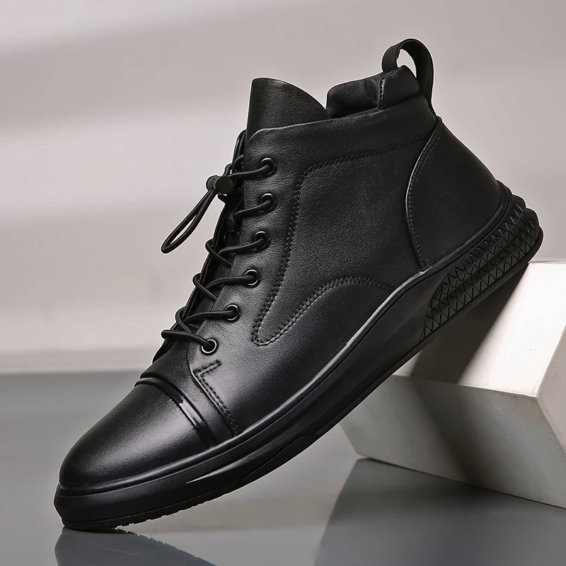 

Men Shoes Luxury Genuine Leather Shoe Fashion High Top Sneaker Classic Black Casual Leather Shoe Plush Warm Winter Boots for Men