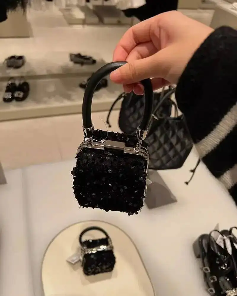 Bloom Beading Black Mini Y2k Women Vintage Handle Chic Messenger Hand Wallet Female Retro Square Bag Purse Aesthetic