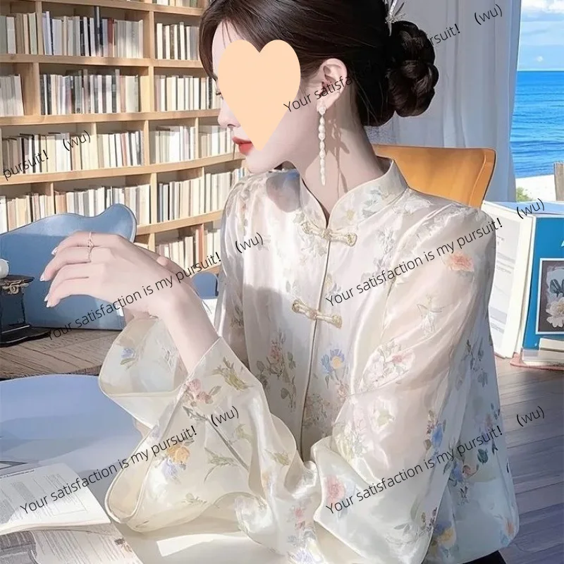 

ZOCI-2025 early spring new Chinese style white flower shirt women, retro button-up top, Tang style drying shirt