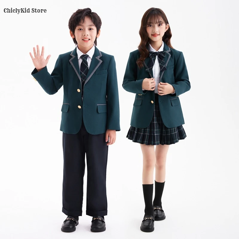 Boys Green Blazers Pants School Uniform Girls Jacket Skirt Shirt Tie Suits Kids Formal Dress Tuxedo Children Student Clothes Set