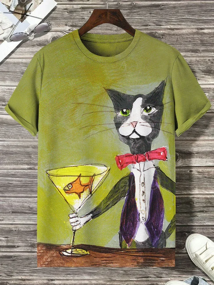 الحيوان القط المطبوعة تي شيرت قصيرة الأكمام مضحك تيز القمم ثلاثية الأبعاد طباعة س الرقبة بلايز حفلة الصيف ملابس للرجال عادية تأثيري تيز