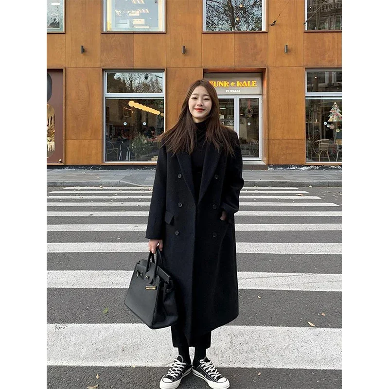 MEXZT Long Wool Blends Coats Women Streetwear Black Blazer Korean Quilted Woolen Jackets Winter Elegant Overcoat Thick Outerwear