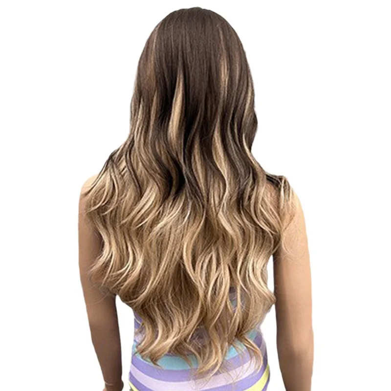 باروكة رأس كاملة للنساء، الجزء الأوسط، شعر ذهبي طويل مجعد، مموج مائي طبيعي مجعد قليلاً، ألياف صناعية مقاومة للحرارة،
