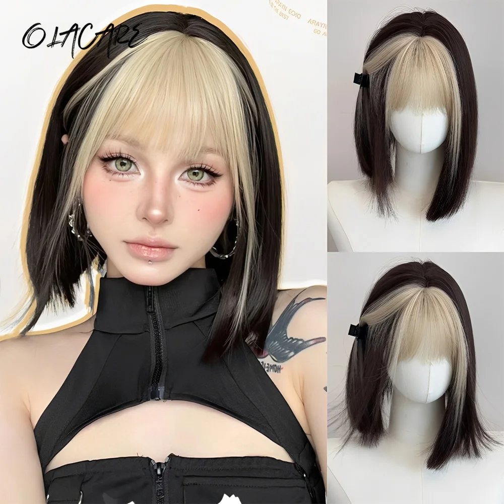 OLACARE Short Black Yellow Synthetic Natural Wigs for Women Bob Straight Wig with Bangs High Temperature Daily Cosplay Party Wig