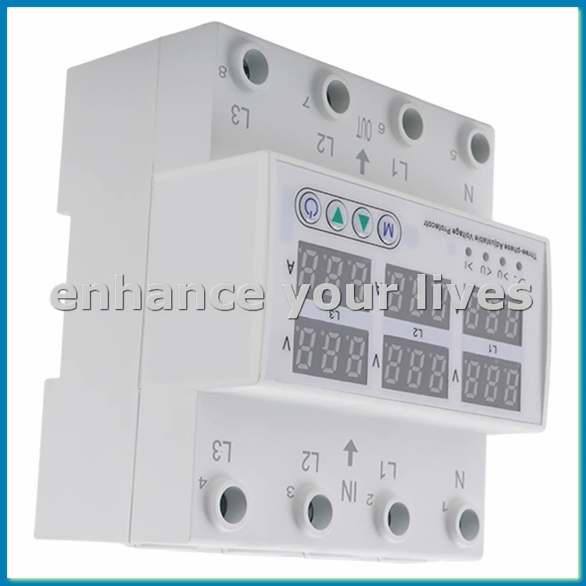 3 Phase Adjustable over and Under Voltage Protector Voltmeter Ammeter Monitor 3P4W Din Rail Current Limit Protection 63A-A23U