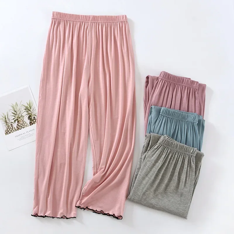 Pajamas Women's Summer Thin Modal Elastic Ruffled Home Pants Loose Cropped Pants Simple Solid Color Bottoms Womens