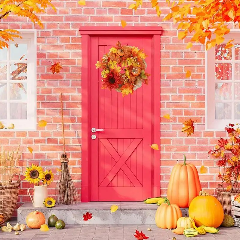 

Thanksgiving Wreath Simulated Sunflower Maple Leaves Pumpkin Wreath Artificial Fall Garland Front Door Indoor Or Outdoor Wall