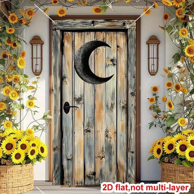 Cortina decorativa 2D, estilo rural con luna y estrellas para puerta exterior - tela de poliéster duradera, diseño de noche estrellada