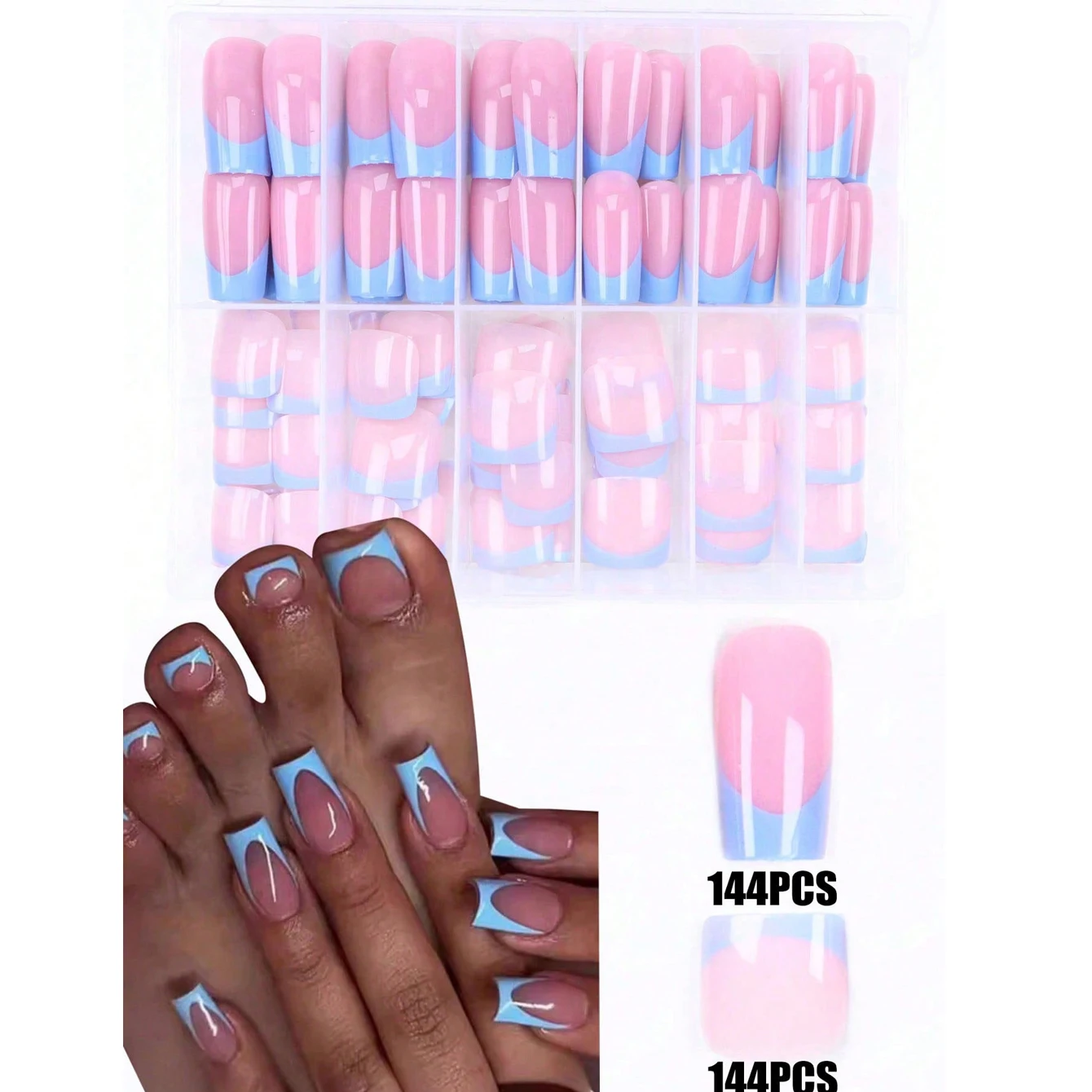 Ongles à pression carrés et ongles carrés avec bords bleus au Design français, adaptés aux salons de manucure professionnels, 288 pièces