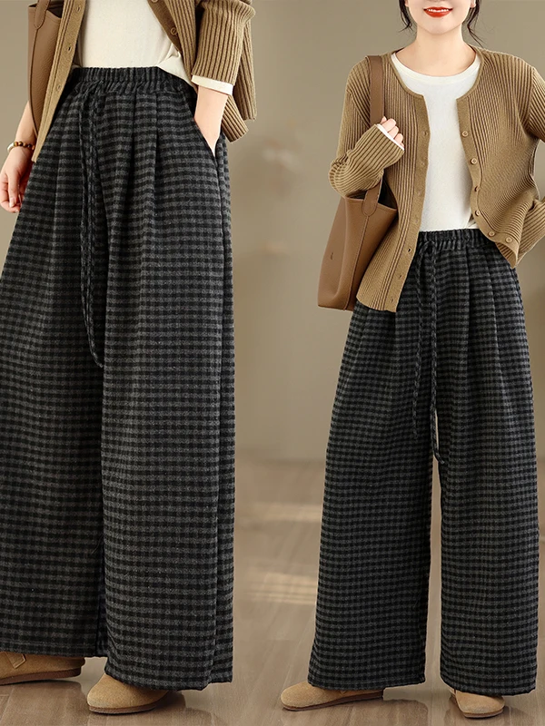 

High Waist Wide Leg Pants Women's plus Size Casual Loose Fit Plaid Woolen Trousers Vintage Sle Autumn Winter Faion