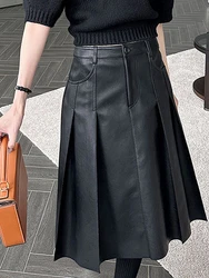 Korobov Korean Fashion Long Skirts Women Autumn Vintage High Waist Pockets Skirt Casual All Match BLack Pleated Pu Faldas Mujer