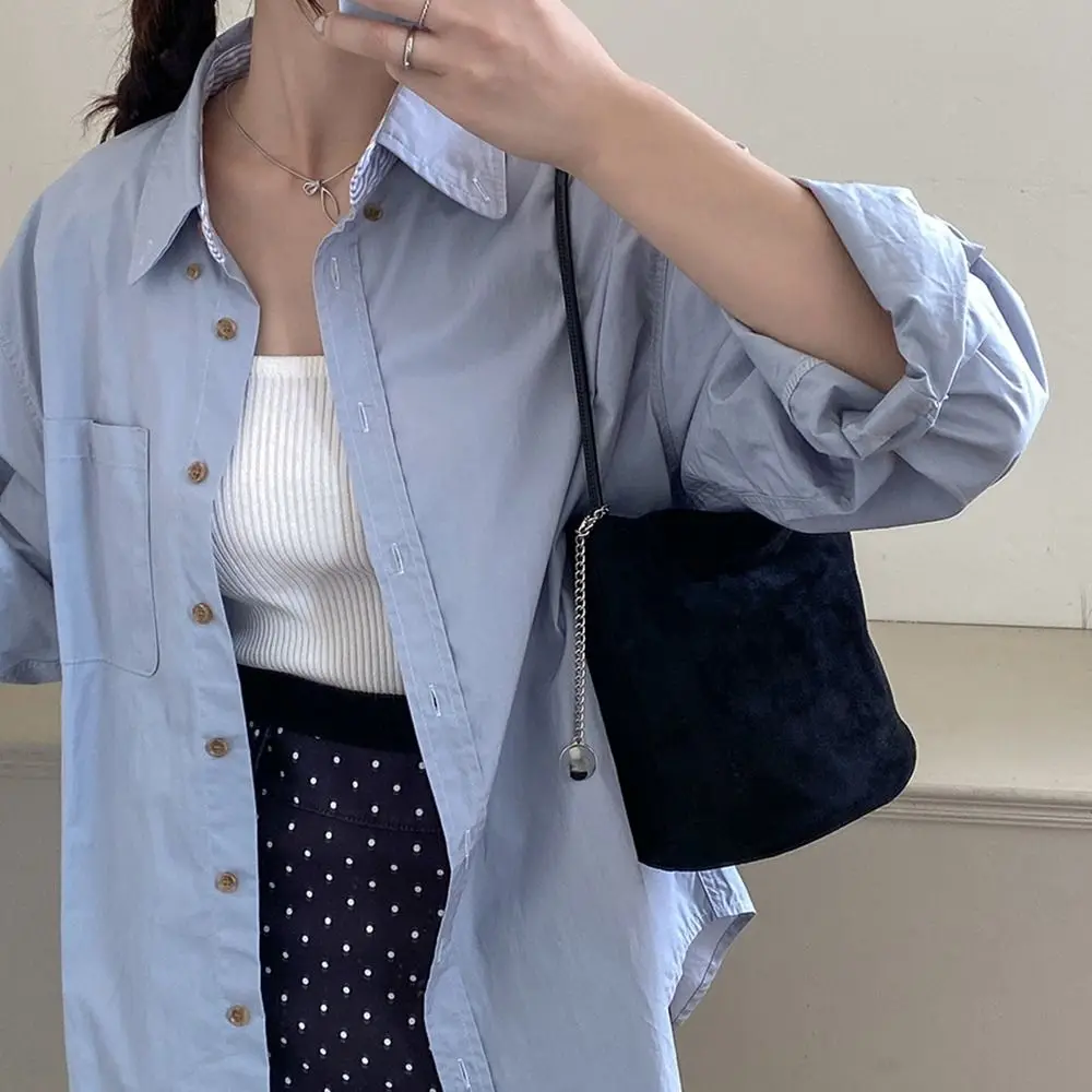 

Simple Vintage Suede Bucket Bag Pure Color Purse Matte Pu Leather Shoulder Bag Large Capacity Korean Style Underarm Bag Girls