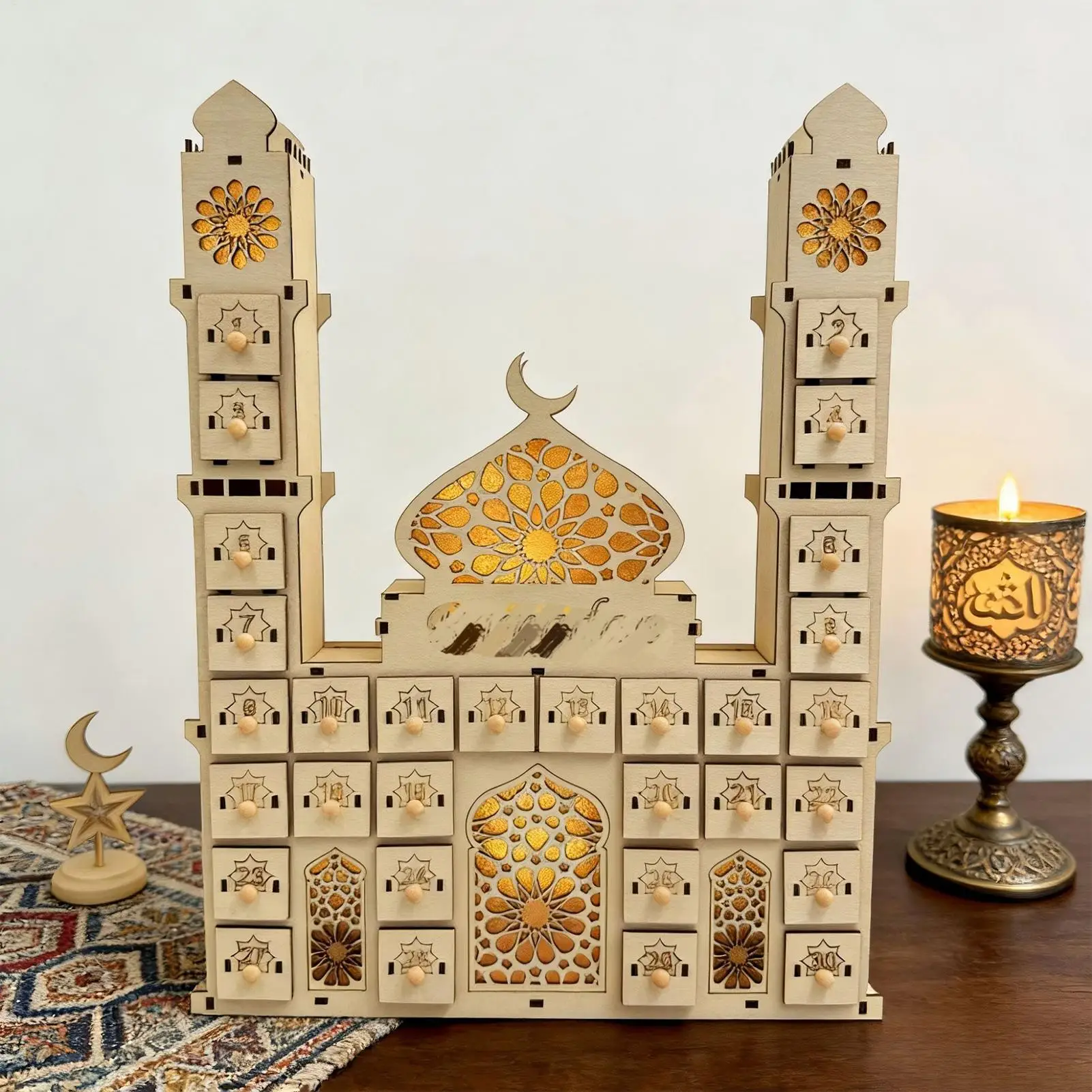 

Деревянный календарь обратного отсчета в форме замка с ящиками, 30-дневный календарь-адвент с подсветкой для гостиной и домашней полки