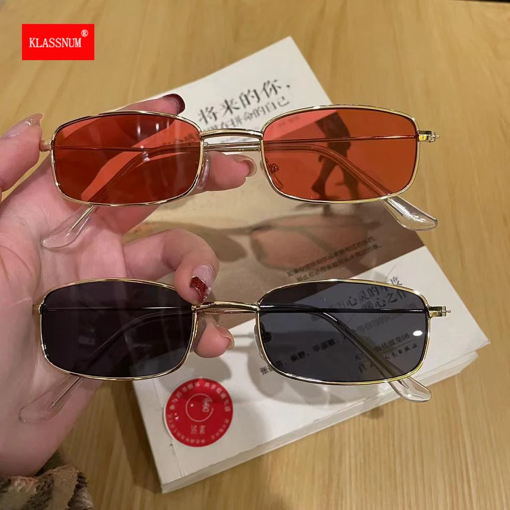 KLASSNUM Retro Square Sunglasses Uv400 Women Metal Frame Vintage Glasses Colored Lens Luxury Design Men Sun Glasses Eyewear 2023