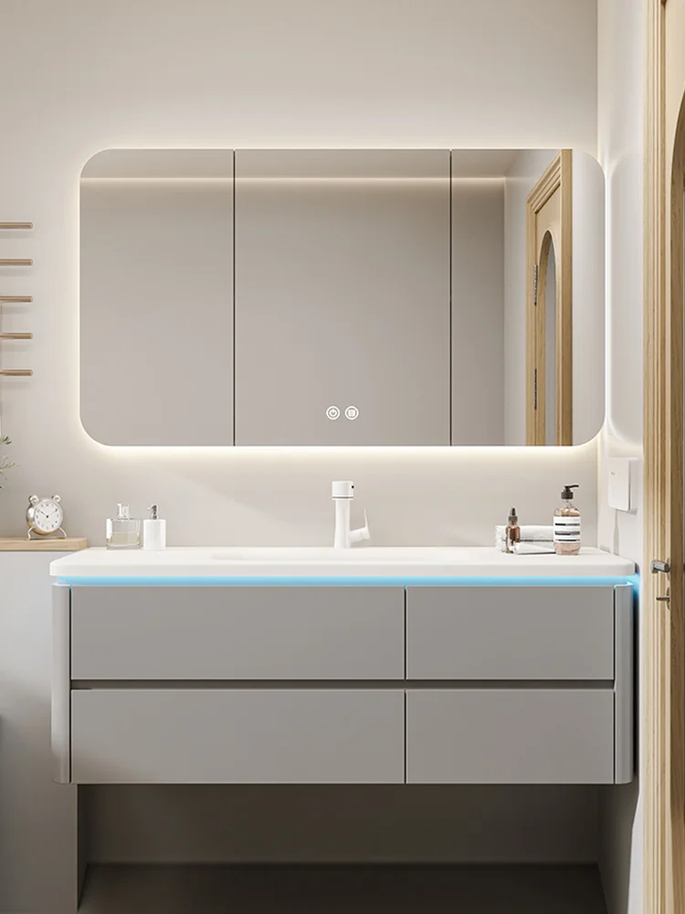 Combination of washbasin and cabinet, integrated basin, bathroom, cream air washbasin