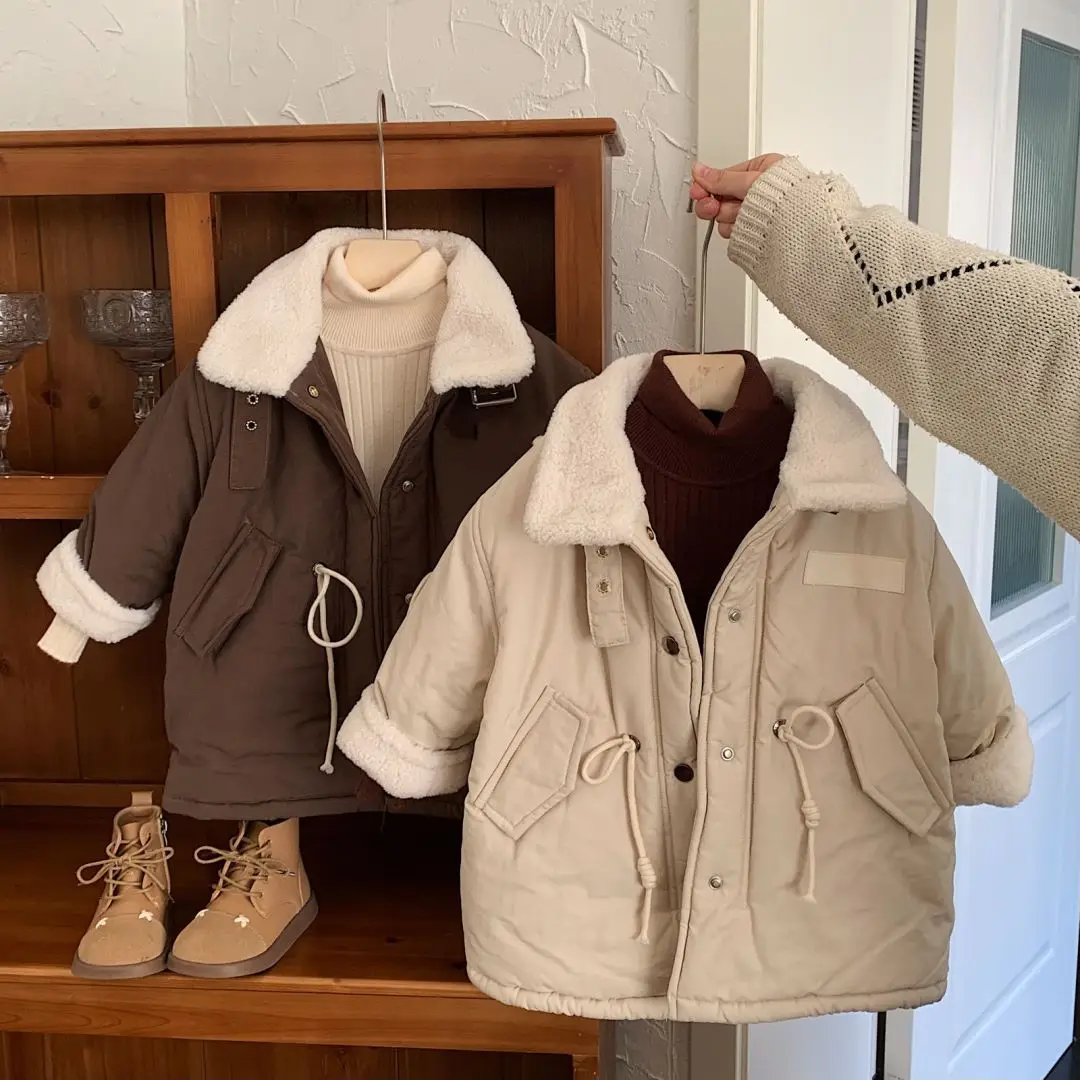 

2025 Winter Coat Children‘s Padded Clothes Thickened Fleece Trench Coat Parka Top Round Neck