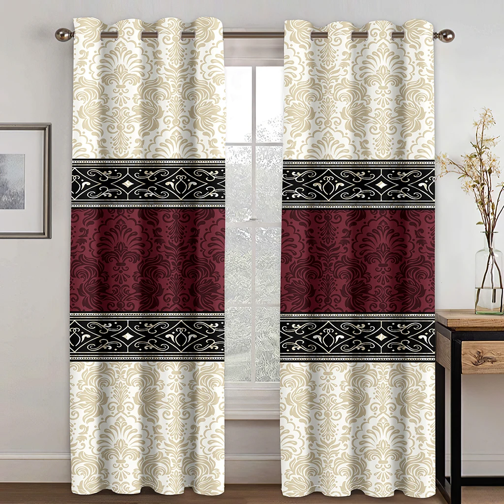 Cheap Custom Big Size Red Elegant Boho Baroque 2 Pieces Thin Curtains for Living Room Bedroom Kitchen Office Window Drapes Decor